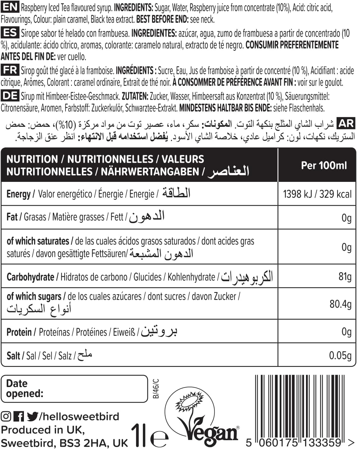 Sweetbird Raspberry Iced Tea Syrup (1 Litre)