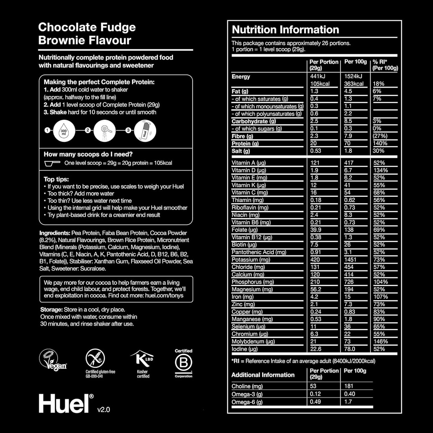 Huel Complete Protein Powder, 26 Servings, Chocolate Fudge Brownie Flavour, 20g