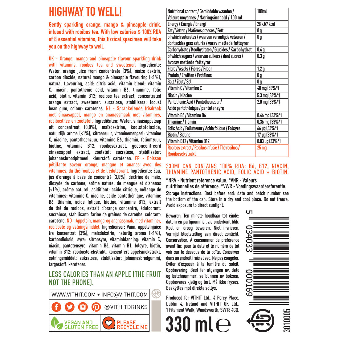 Vit Hit Mango & Pineapple Can 330ml X 12 Pack