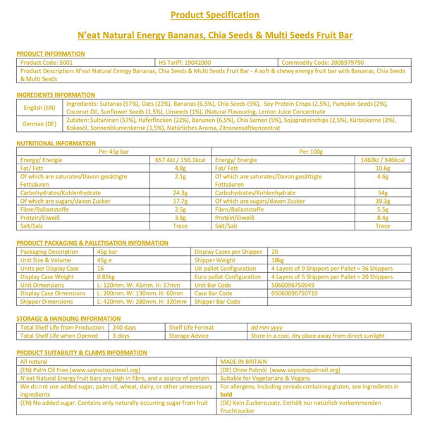 N'eat Bananas, Chia Seeds & Multi Seeds Natural Energy Bars (16x45g)