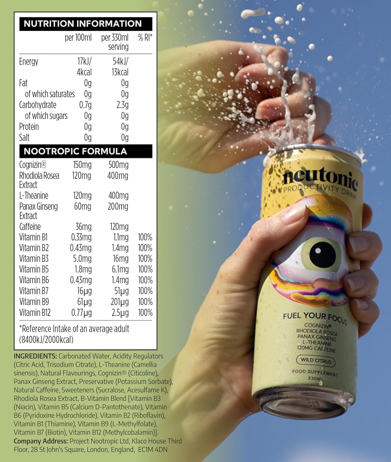 Neutonic Nootropic Productivity Energy Drink | Wild Citrus 12 Cans