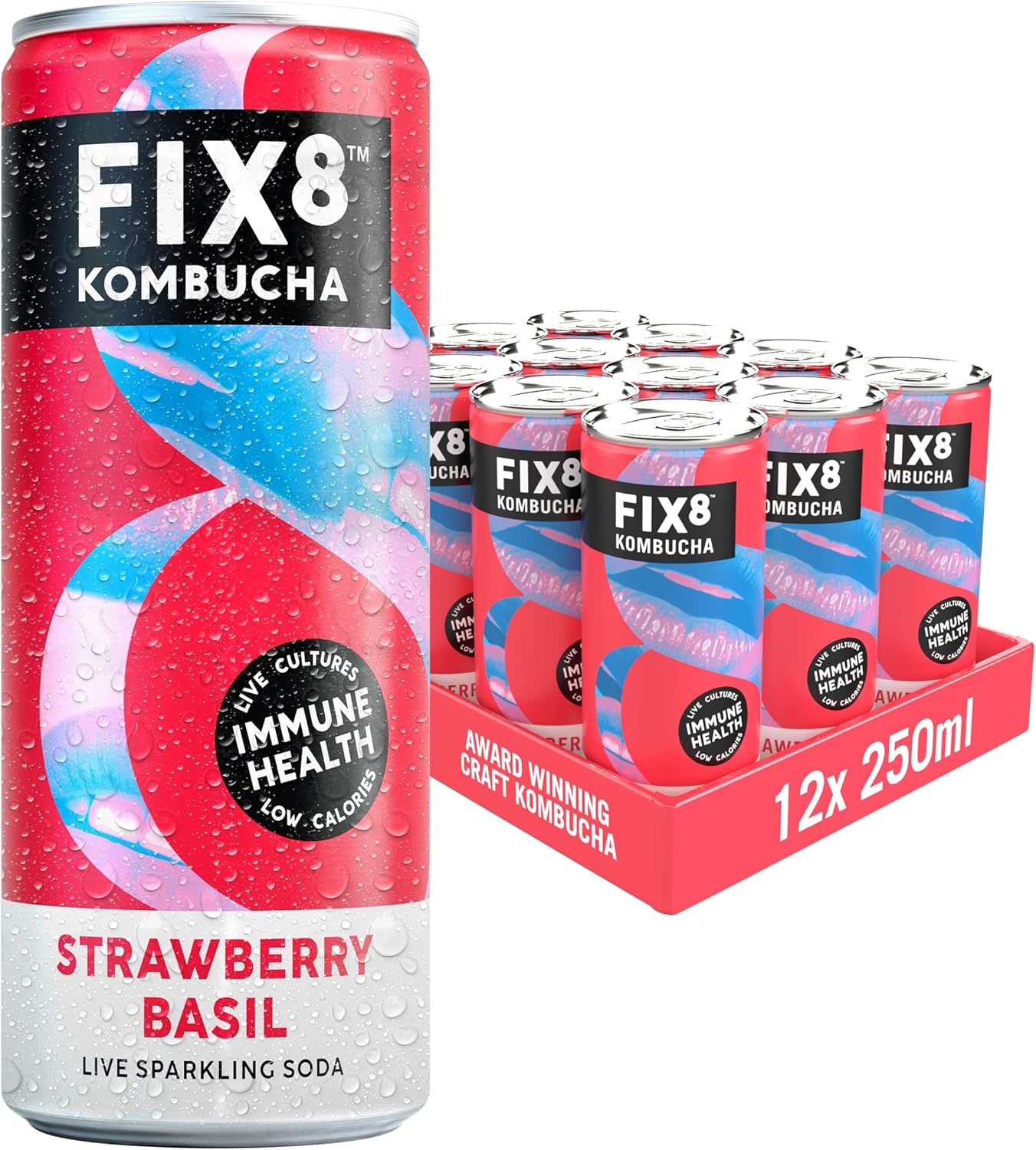 Fix8 Strawberry & Basil Kombucha Drink - 12 x 250ml cans
