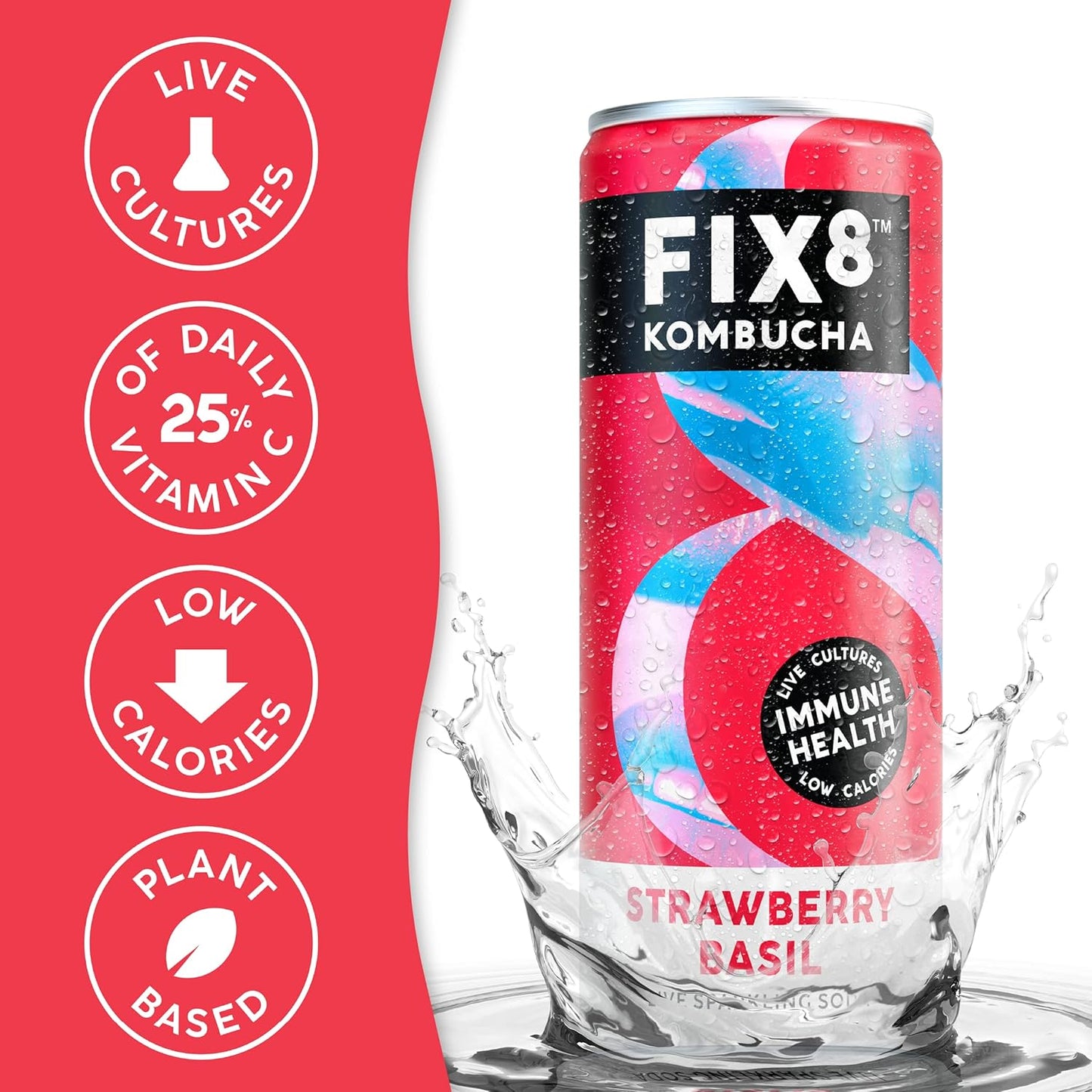 Fix8 Strawberry & Basil Kombucha Drink - 12 x 250ml cans