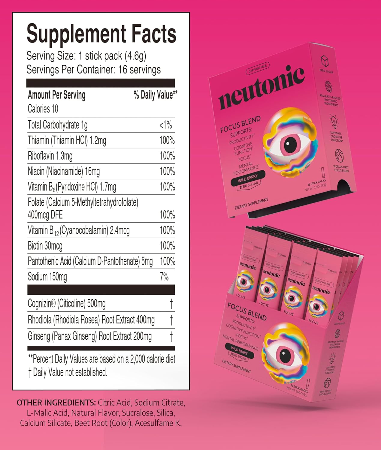 Neutonic Nootropic Focus Blend Powder | Wild Berry 16 Sticks