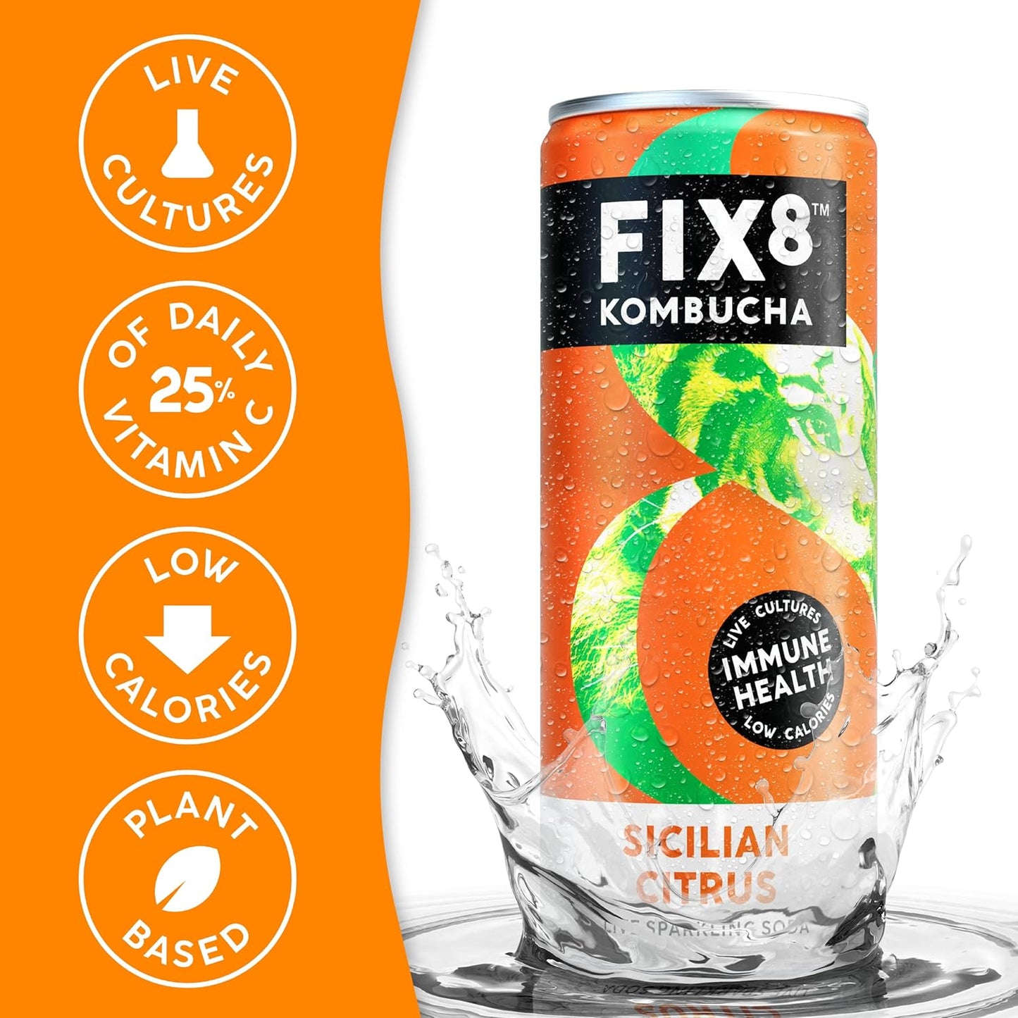 Fix8 Sicilian Citrus Kombucha Drink  - 12 x 250ml cans