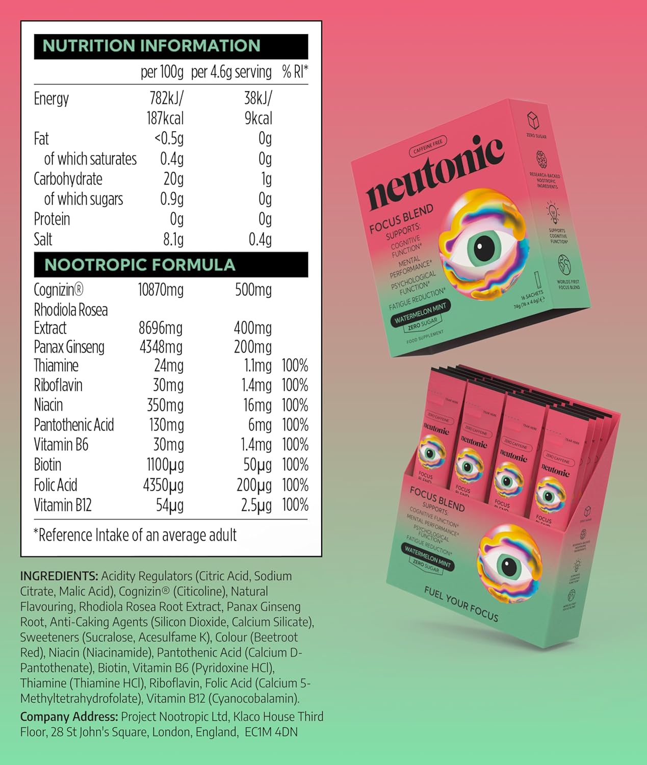Neutonic Nootropic Focus Blend Powder | Watermelon Mint 16 Sticks