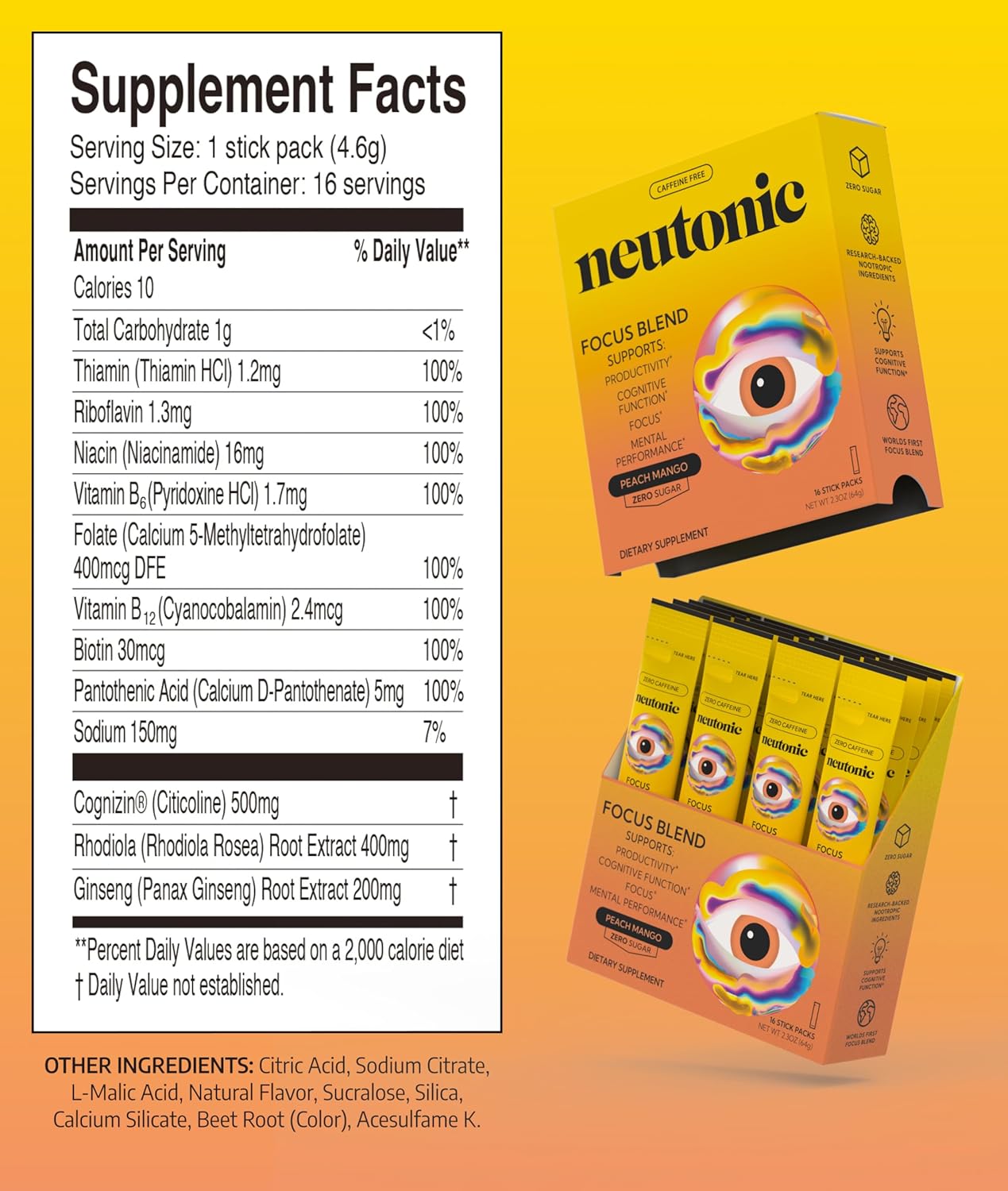 Neutonic Nootropic Focus Blend Powder | Peach Mango 16 Sticks