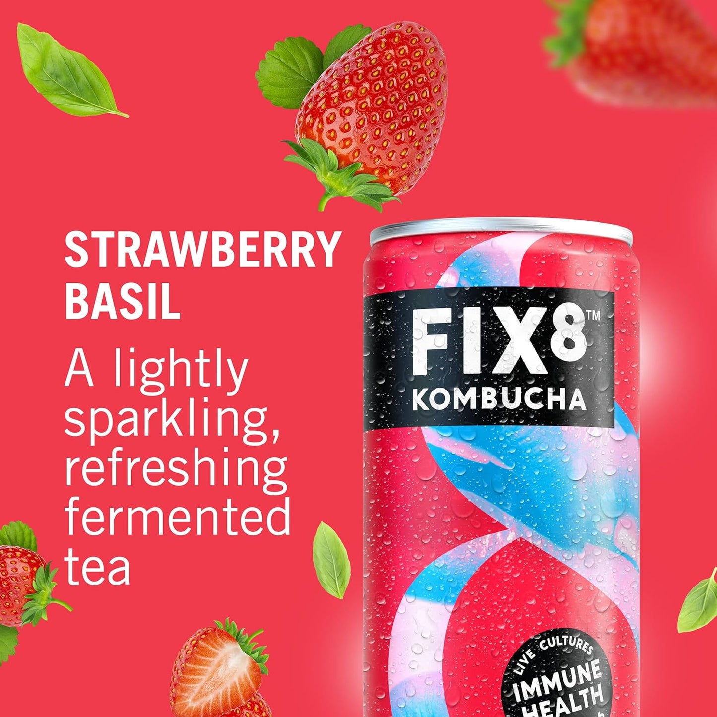 Fix8 Strawberry & Basil Kombucha Drink - 12 x 250ml cans