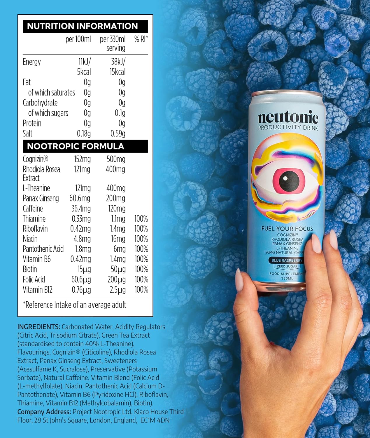 Neutonic Nootropic Productivity Energy Drink | Blue Raspberry 12 Cans