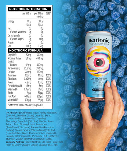 Neutonic Nootropic Productivity Energy Drink | Blue Raspberry 12 Cans