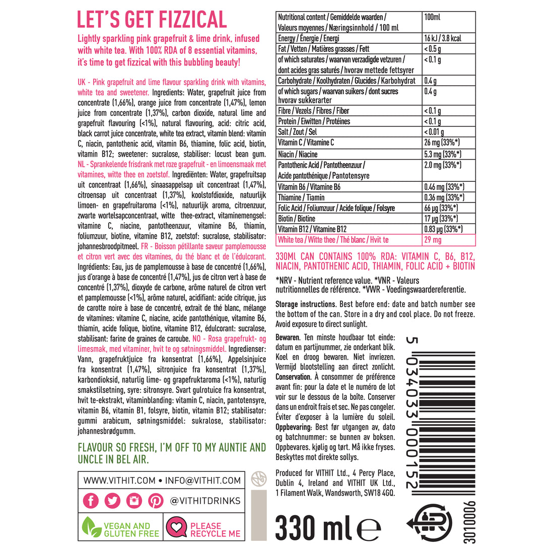 Vit Hit Pink Grapefruit & Lime Can 330ml X 12 Pack