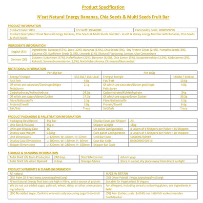 N'eat Bananas, Chia Seeds & Multi Seeds Natural Energy Bars (16x45g)