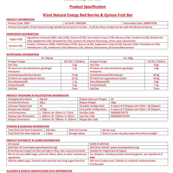 N'eat Red Berries & Quinoa Natural Energy Bars (16x45g)